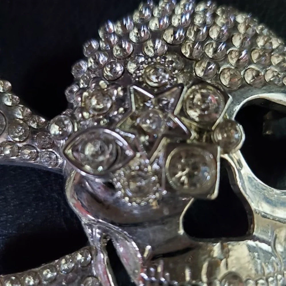 Silver Rhinestone Skull and Crossbones Belt Buckle Y2K Bling Goth Punk Rock READ